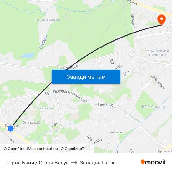 Горна Баня / Gorna Banya to Западен Парк map
