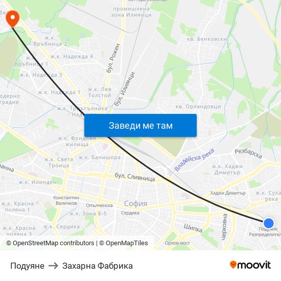 Подуяне to Захарна Фабрика map