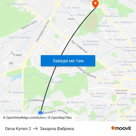 Овча Купел 2 to Захарна Фабрика map
