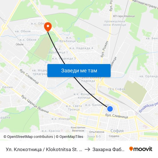 Ул. Клокотница / Klokotnitsa St. (1326) to Захарна Фабрика map