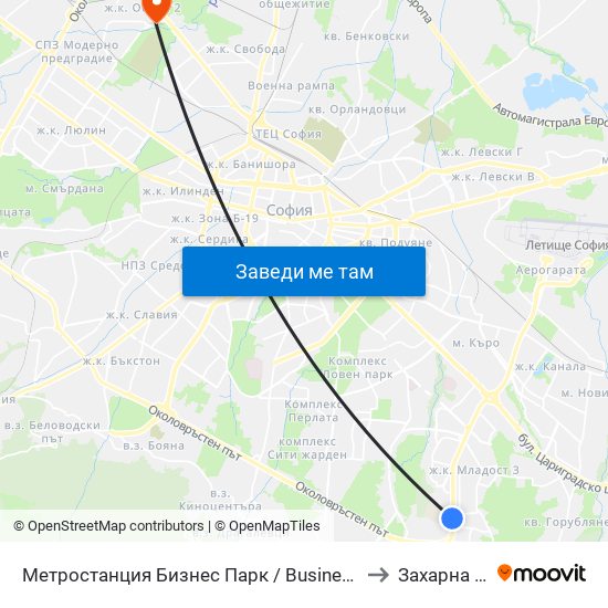 Метростанция Бизнес Парк / Business Park Metro Station (2490) to Захарна Фабрика map