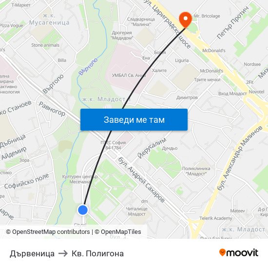 Дървеница to Кв. Полигона map