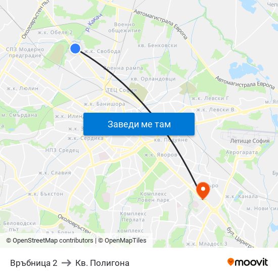 Връбница 2 to Кв. Полигона map