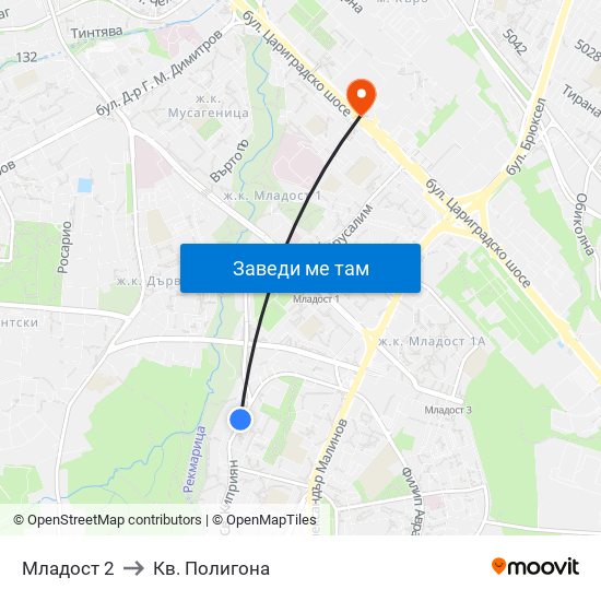 Младост 2 to Кв. Полигона map