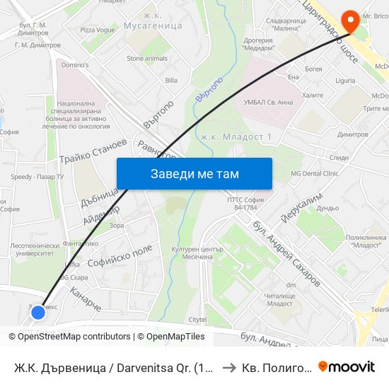 Ж.К. Дървеница / Darvenitsa Qr. (1012) to Кв. Полигона map