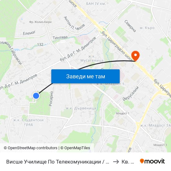 Висше Училище По Телекомуникации / University Of Telecommunications And Post (1396) to Кв. Полигона map