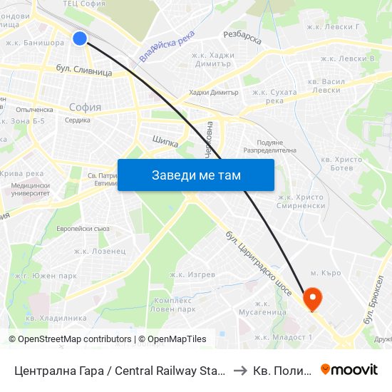 Централна Гара / Central Railway Station (1327) to Кв. Полигона map