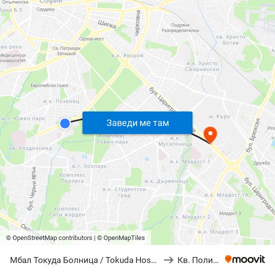 Мбал Токуда Болница / Tokuda Hospital (0206) to Кв. Полигона map
