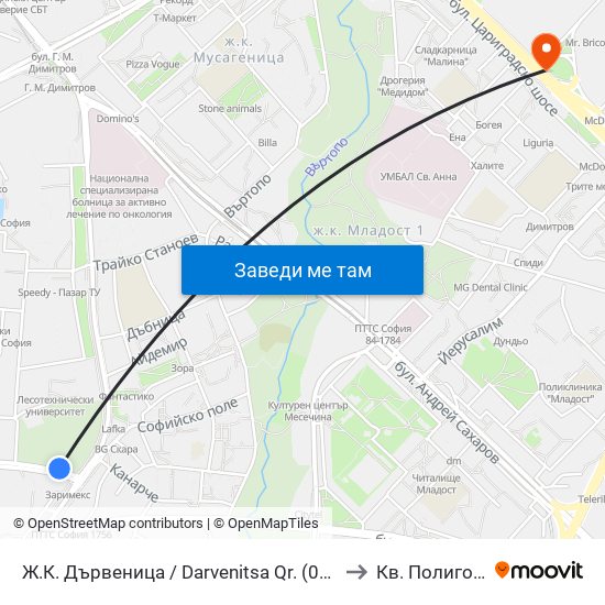 Ж.К. Дървеница / Darvenitsa Qr. (0800) to Кв. Полигона map