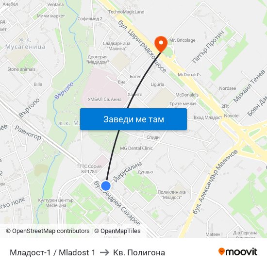 Младост-1 / Mladost 1 to Кв. Полигона map