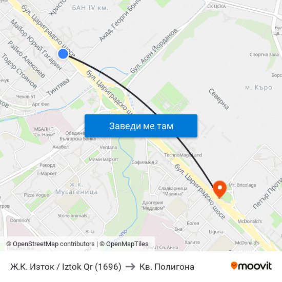 Ж.К. Изток / Iztok Qr (1696) to Кв. Полигона map