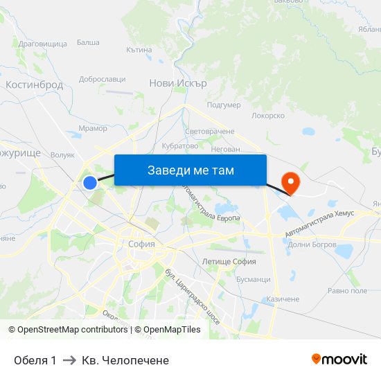 Обеля 1 to Кв. Челопечене map