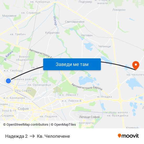 Надежда 2 to Кв. Челопечене map