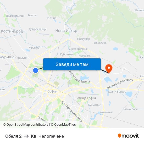 Обеля 2 to Кв. Челопечене map