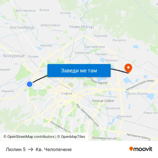 Люлин 5 to Кв. Челопечене map