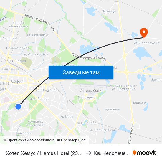 Хотел Хемус / Hemus Hotel (2329) to Кв. Челопечене map