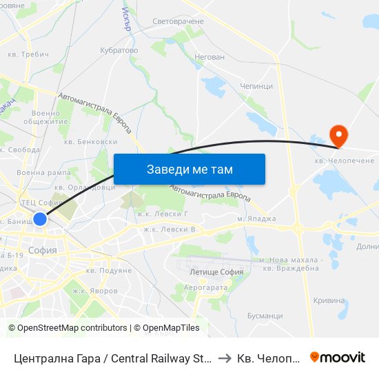 Централна Гара / Central Railway Station (1327) to Кв. Челопечене map