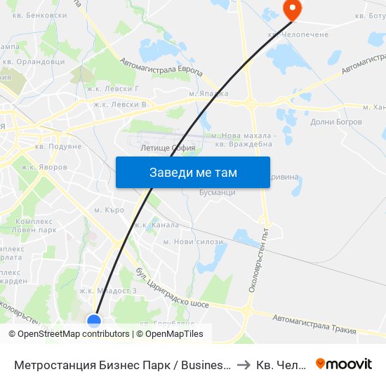 Метростанция Бизнес Парк / Business Park Metro Station (2490) to Кв. Челопечене map
