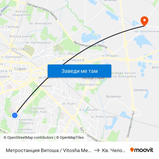 Метростанция Витоша / Vitosha Metro Station (2755) to Кв. Челопечене map
