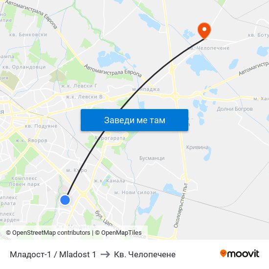 Младост-1 / Mladost 1 to Кв. Челопечене map