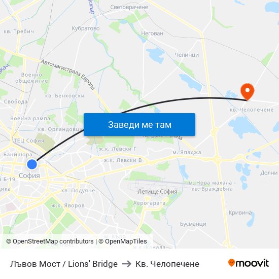 Лъвов Мост / Lions' Bridge to Кв. Челопечене map