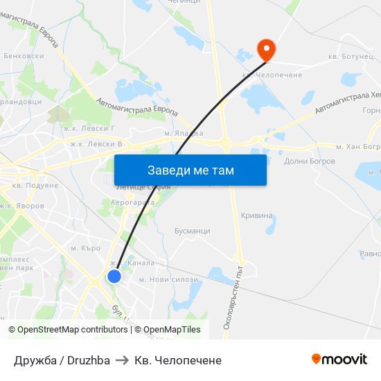 Дружба / Druzhba to Кв. Челопечене map