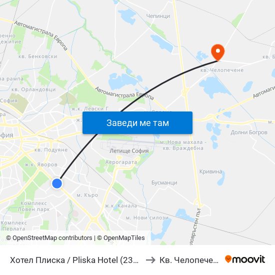 Хотел Плиска / Pliska Hotel (2327) to Кв. Челопечене map