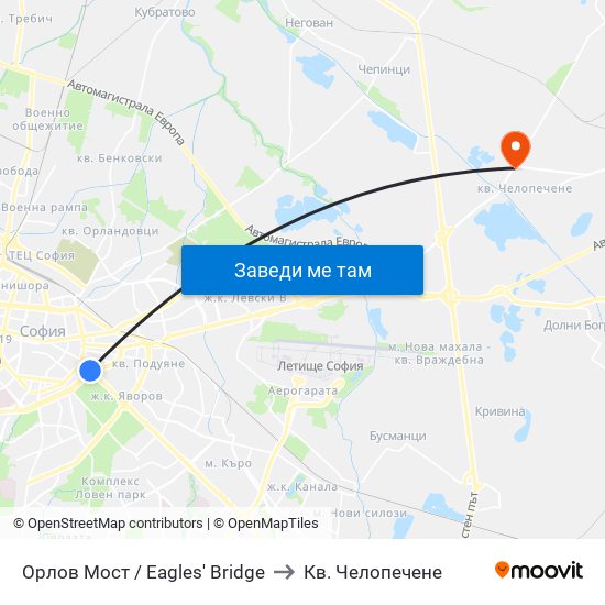 Орлов Мост / Eagles' Bridge to Кв. Челопечене map