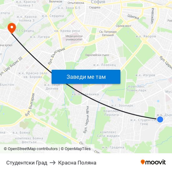 Студентски Град to Красна Поляна map