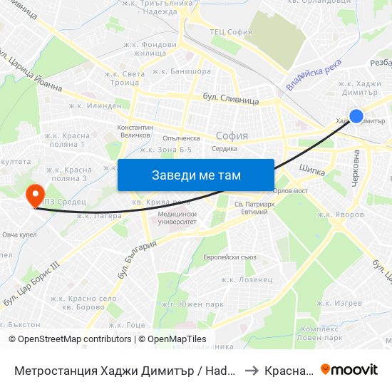 Метростанция Хаджи Димитър / Hadzhi Dimitar Metro Station (0303) to Красна Поляна map