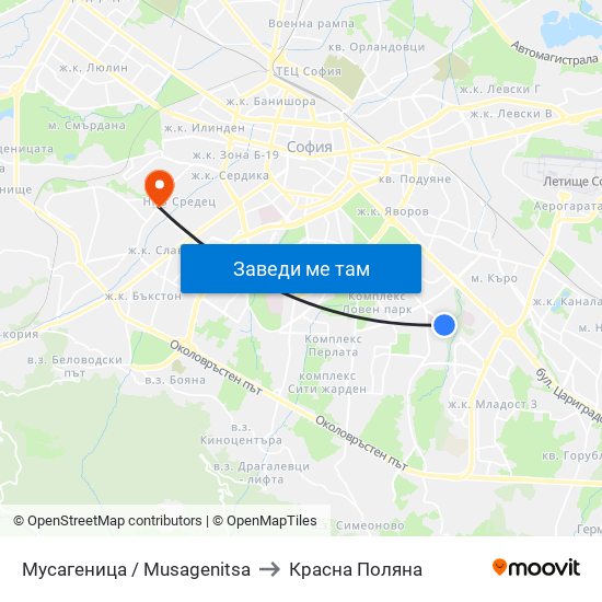 Мусагеница /  Musagenitsa to Красна Поляна map