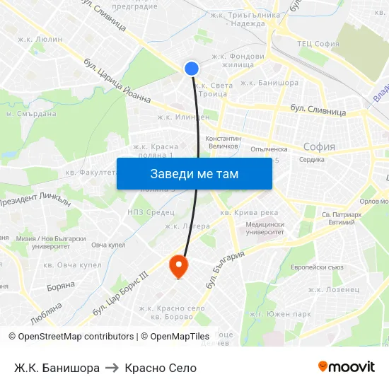 Ж.К. Банишора to Красно Село map
