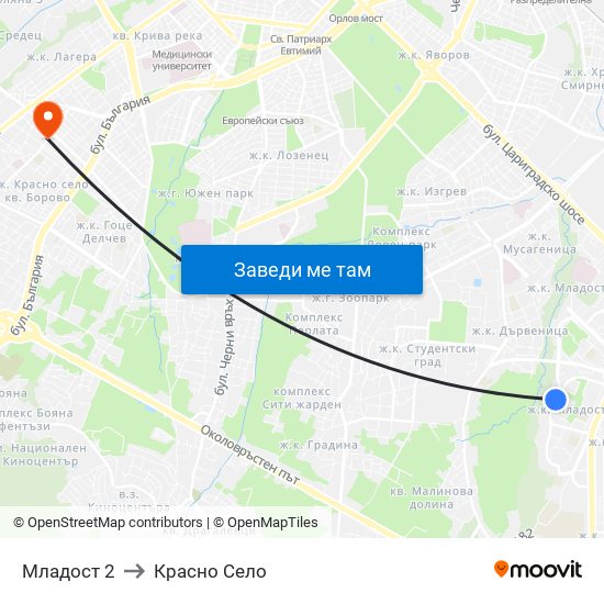 Младост 2 to Красно Село map