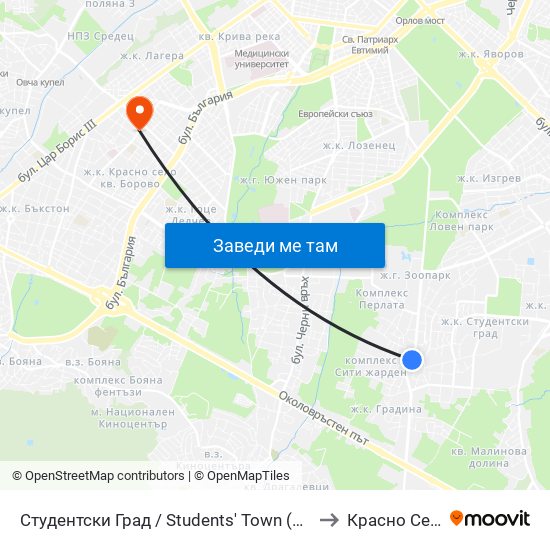 Студентски Град / Students' Town (2382) to Красно Село map