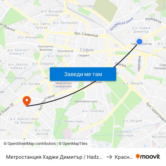 Метростанция Хаджи Димитър / Hadzhi Dimitar Metro Station (0303) to Красно Село map