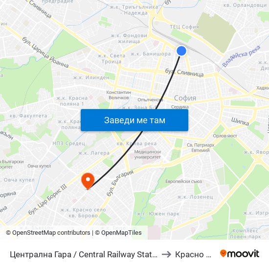 Централна Гара / Central Railway Station (1327) to Красно Село map