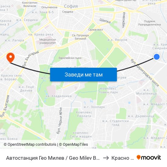 Автостанция Гео Милев / Geo Milev Bus Station (0052) to Красно Село map