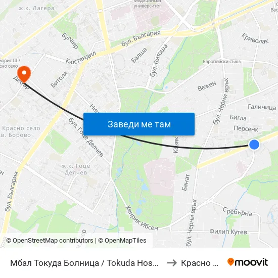 Мбал Токуда Болница / Tokuda Hospital (0206) to Красно Село map
