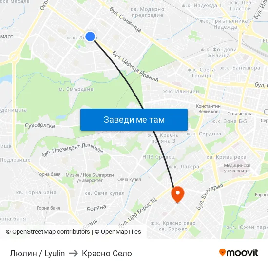 Люлин / Lyulin to Красно Село map