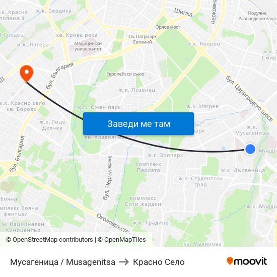 Мусагеница /  Musagenitsa to Красно Село map