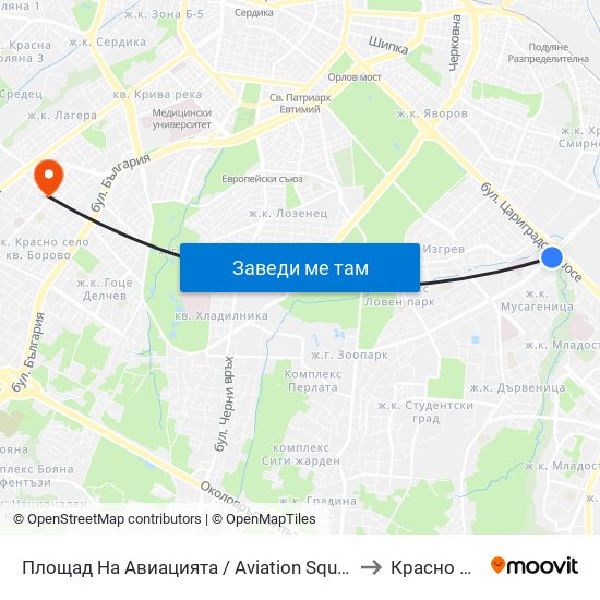 Площад На Авиацията / Aviation Square (1257) to Красно Село map