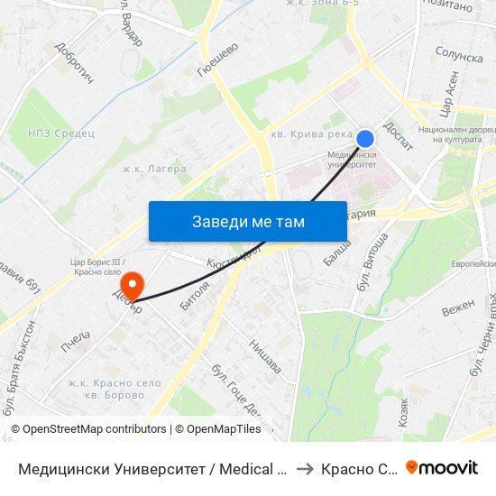 Медицински Университет / Medical University to Красно Село map