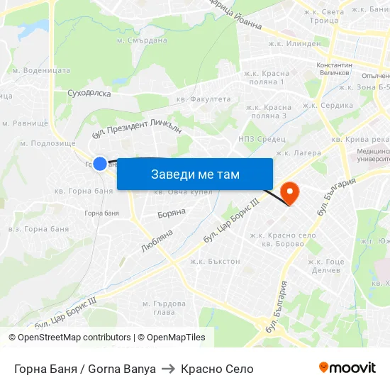 Горна Баня / Gorna Banya to Красно Село map