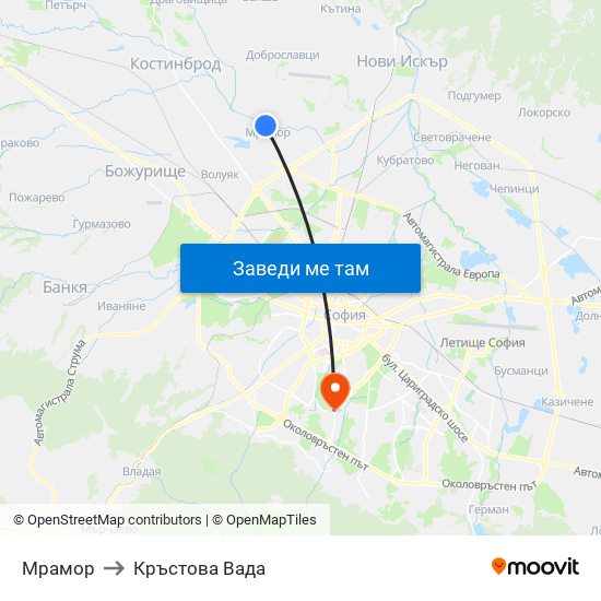 Мрамор to Кръстова Вада map