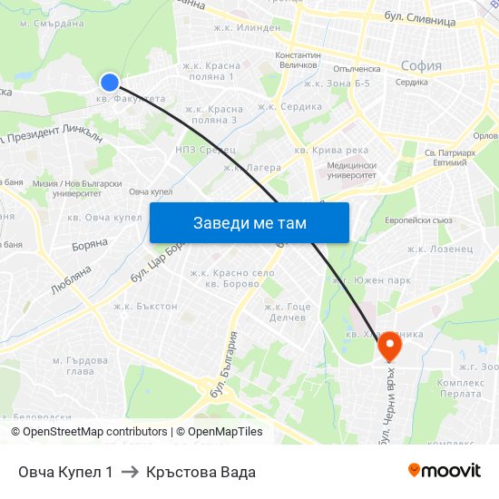 Овча Купел 1 to Кръстова Вада map