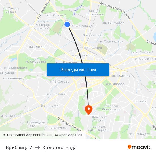 Връбница 2 to Кръстова Вада map