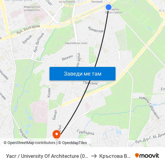 Уасг / University Of Architecture (0387) to Кръстова Вада map