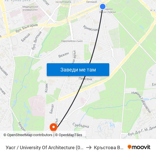 Уасг / University Of Architecture (0386) to Кръстова Вада map