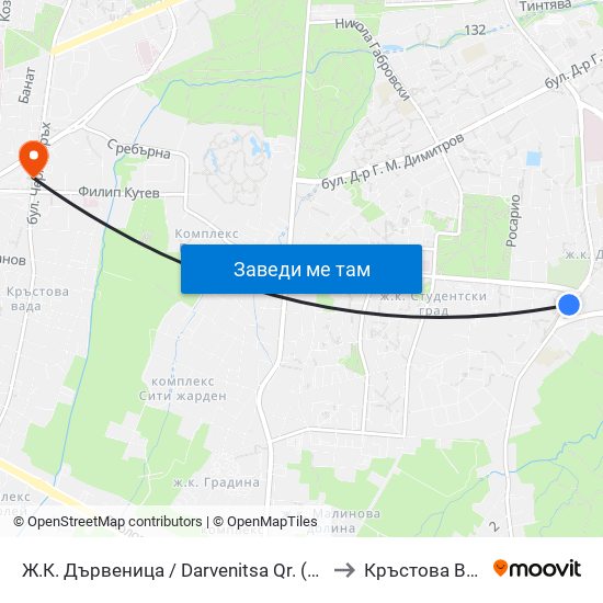 Ж.К. Дървеница / Darvenitsa Qr. (1012) to Кръстова Вада map