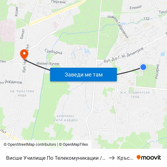 Висше Училище По Телекомуникации / University Of Telecommunications And Post (1397) to Кръстова Вада map